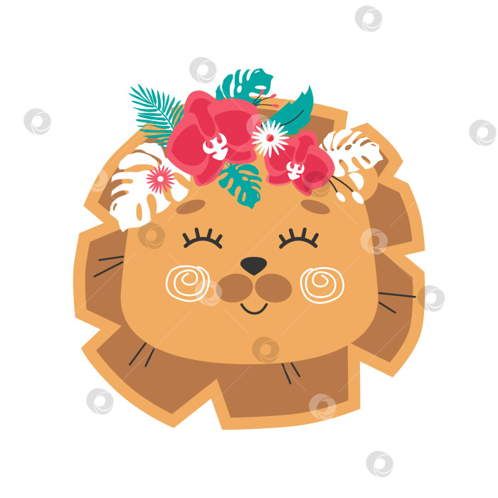 Скачать Голова льва в цветочной короне. Симпатичная векторная иллюстрация для детского дизайна, плаката, поздравительных открыток на день рождения. фотосток Ozero
