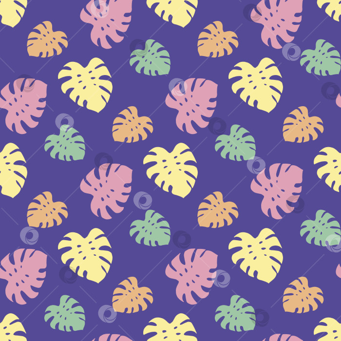 Скачать Бесшовный узор с удобными листьями монстеры на фиолетовом фоне. Векторное изображение. фотосток Ozero