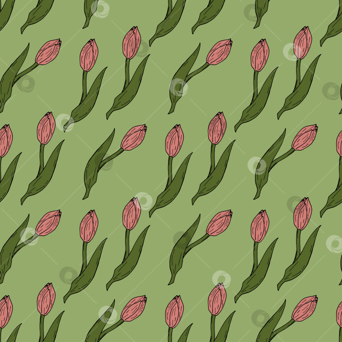 Скачать Бесшовный узор с уютными розовыми тюльпанами на зеленом фоне. Векторное изображение. фотосток Ozero