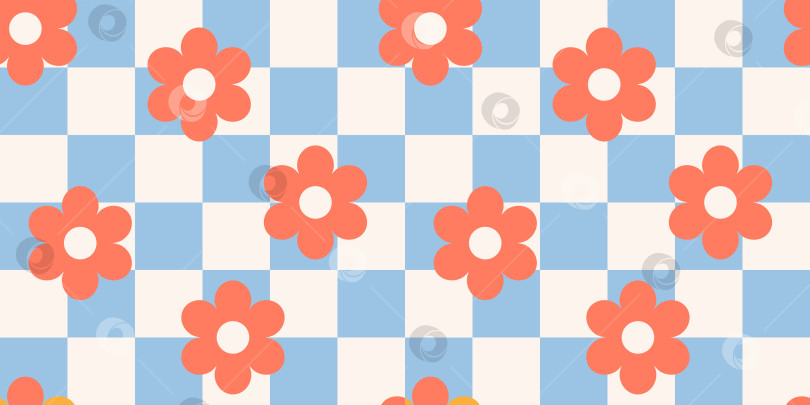 Скачать Фон Y2K, ретро-абстрактные цветы на шахматной доске. Эстетика 90-х, стиль 2000-х. фотосток Ozero