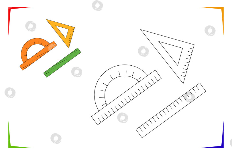 Скачать Школьная линейка, треугольник, транспортир - векторная раскраска. Учебный лист на тему школьной раскраски фотосток Ozero