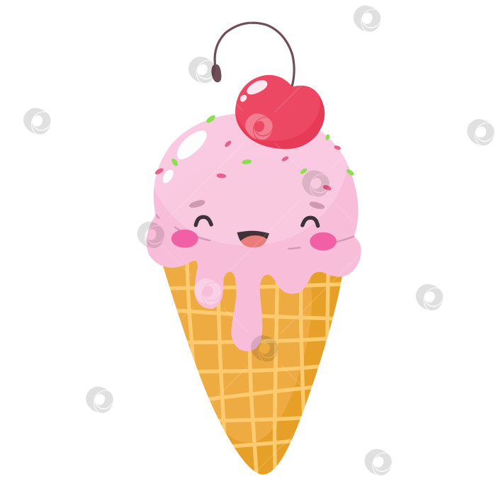 Скачать Милое мороженое в глазури, персонаж мороженого в плоском мультяшном стиле, смайлик. фотосток Ozero