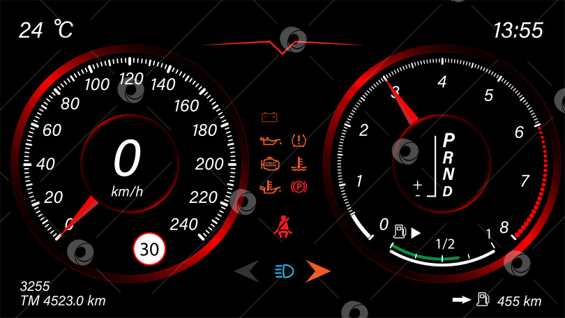 Скачать Дизайн приборной панели автоматического автомобиля со спидометром. Абстрактная технология измерения скорости. фотосток Ozero