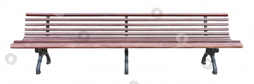 Скачать Вид спереди на длинную коричневую деревянную скамью с металлическими ножками, выделенную на белом фоне (элемент дизайна) фотосток Ozero