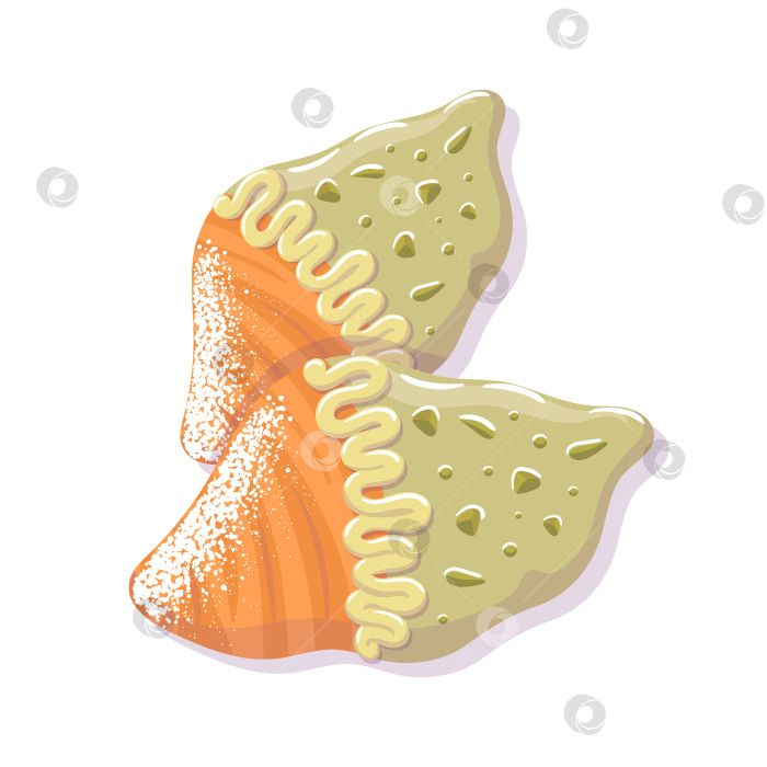 Скачать Популярные плоские круассаны с зеленой глазурью и фисташками. шоколадный крем, орехи. Векторная иллюстрация продуктов питания в мультяшном стиле. Для кафе, флаеров, рекламы. Крунге фотосток Ozero