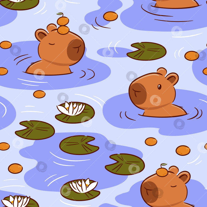 Скачать Милая капибара с мандарином на голове плавает в пруду с лотосами в азиатском кавайном стиле. Забавная векторная иллюстрация мультяшного персонажа для обоев, ткани, упаковки, фона фотосток Ozero