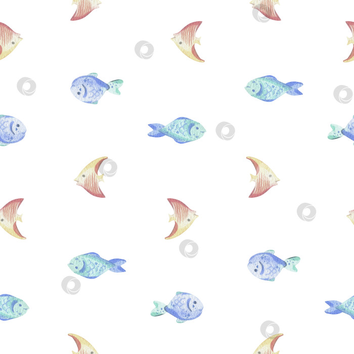 Скачать Различные морские рыбки, простые, мультяшные. Акварельная иллюстрация, выполненная от руки в пастельных тонах бирюзового, синего, мятного, кораллового, персикового. Бесшовный простой узор для детской фотосток Ozero