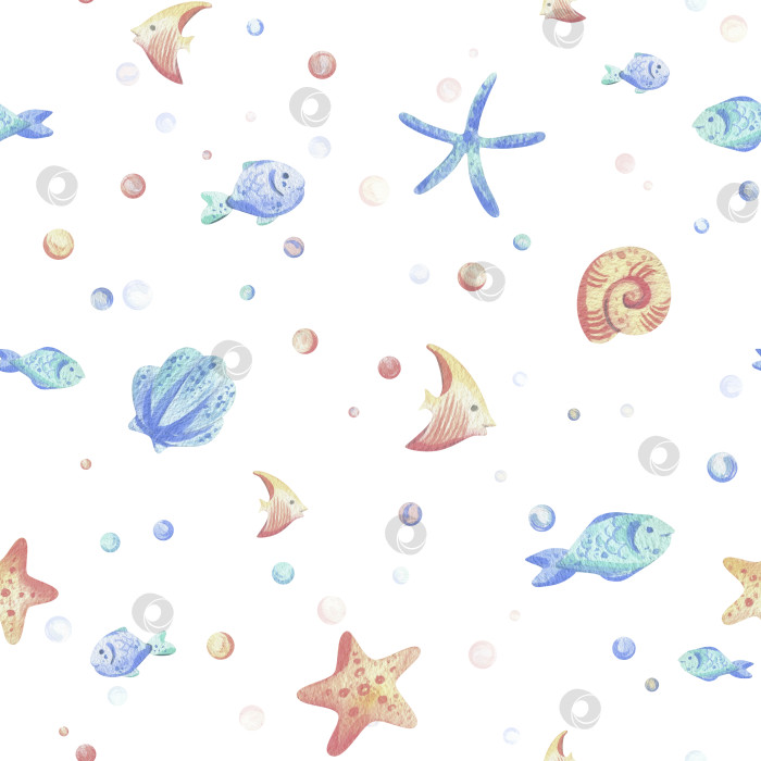 Скачать Различные рыбки, морские звезды, ракушки и пузырьки. Акварельные иллюстрации ручной работы в голубых и коралловых тонах. Бесшовный узор, детский, милый, нежный, простой для текстиля и украшения детской комнаты. фотосток Ozero