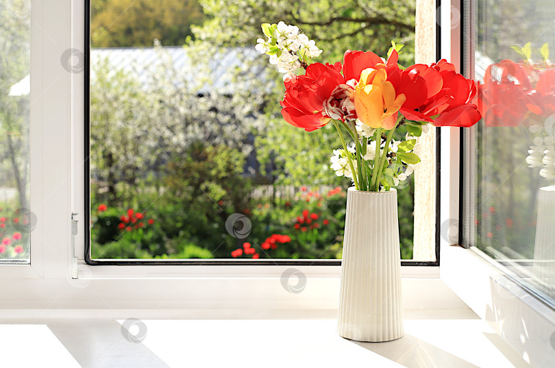 Скачать Красивые тюльпаны в вазе на открытом солнечном окне. Концепция домашнего уюта, комфортабельности и домашнего офиса. Абстрактная весенняя цветочная композиция, баннер, летний фон, выборочный акцент.. фотосток Ozero