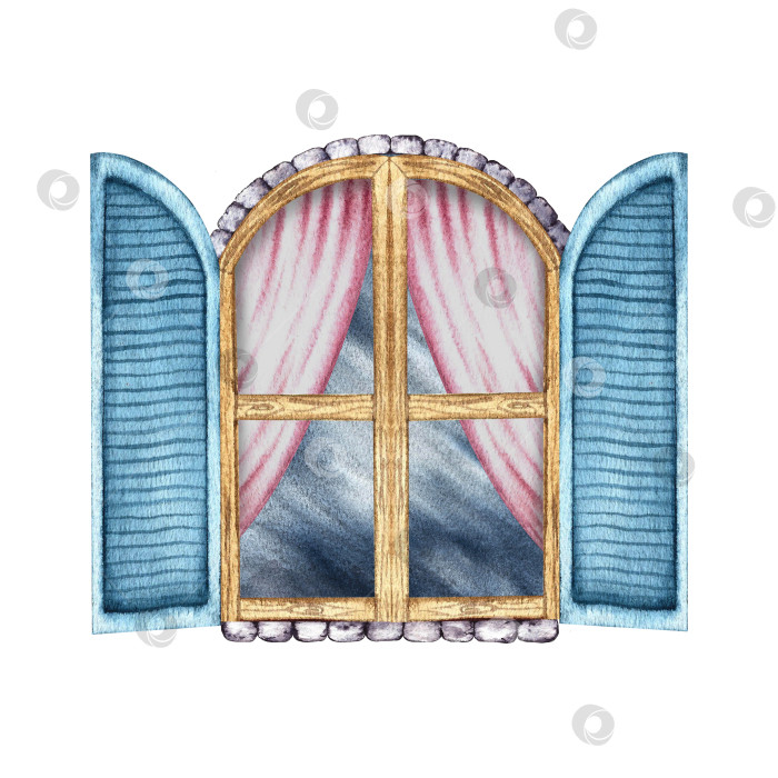 Скачать Окно. Винтажное арочное окно в стиле ретро с голубыми ставнями и розовыми занавесками. Ручная акварельная иллюстрация. Выделите ее. Элемент дизайна для дома, детских игр, открыток и декора. фотосток Ozero