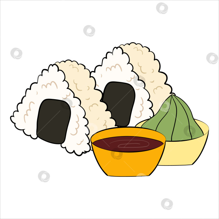 Скачать японские рисовые шарики, онигири с соевым соусом и васаби. векторная иллюстрация фотосток Ozero