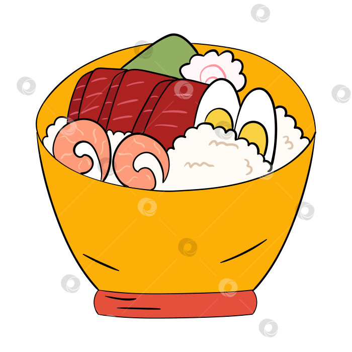 Скачать Миска с тунцом, креветками, рисом и яйцом. Векторная иллюстрация фотосток Ozero