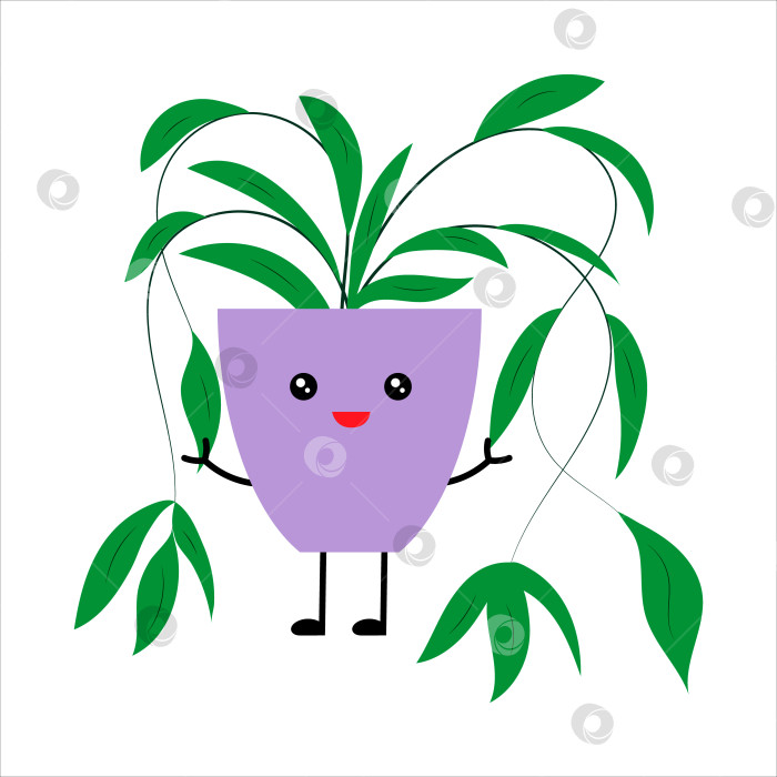 Скачать Милое мультяшное кавайное растение в горшке. Растение с длинными свисающими листьями. фотосток Ozero