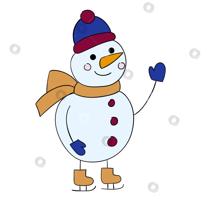 Скачать Милый мультяшный снеговик на коньках. Векторная иллюстрация на белом фоне фотосток Ozero