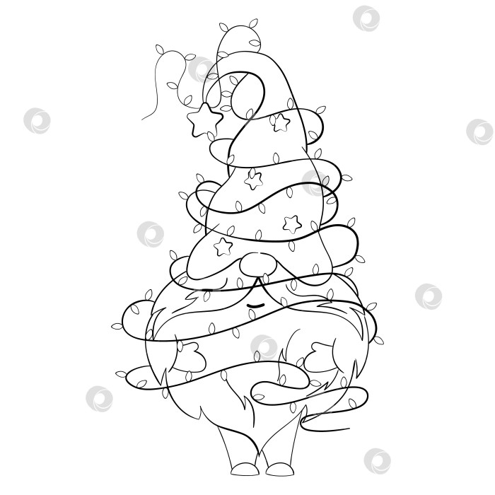Скачать Мультяшный рождественский гном с рождественскими гирляндами для раскраски. Линейный дизайн для детских раскрасок фотосток Ozero