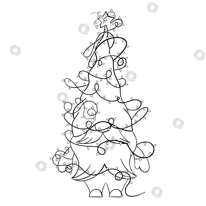Скачать Мультяшный рождественский гном с рождественскими гирляндами для раскраски. Линейный дизайн для детских раскрасок фотосток Ozero