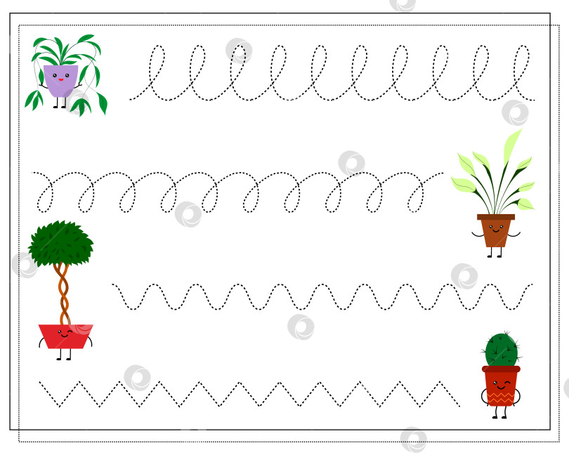 Скачать Игра для изучения рукописного ввода для детей "точка в точку". Милые кавайные цветочные горшки из мультфильма. фотосток Ozero