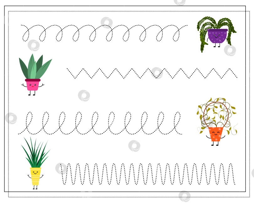 Скачать Игра для изучения рукописного ввода для детей "точка в точку". Милые кавайные цветочные горшки из мультфильма. фотосток Ozero