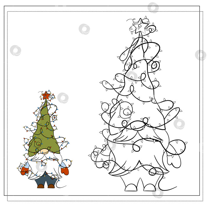 Скачать Книжка-раскраска для детей. Мультяшный рождественский гном с рождественскими огоньками фотосток Ozero