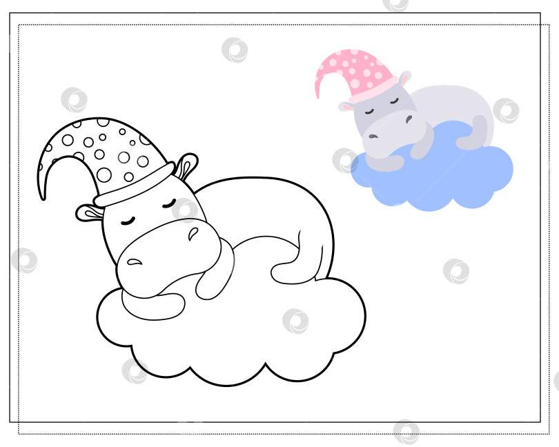 Скачать Книжка-раскраска для детей. Нарисуйте милого мультяшного бегемотика, спящего на облаке, на основе рисунка. Вектор фотосток Ozero