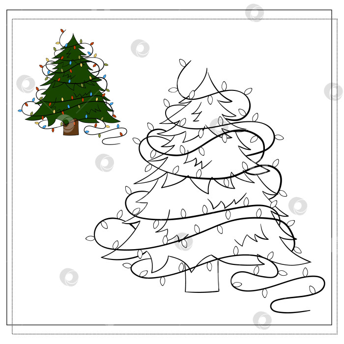 Скачать Книжка-раскраска для детей. Мультяшная рождественская елка с гирляндами фотосток Ozero