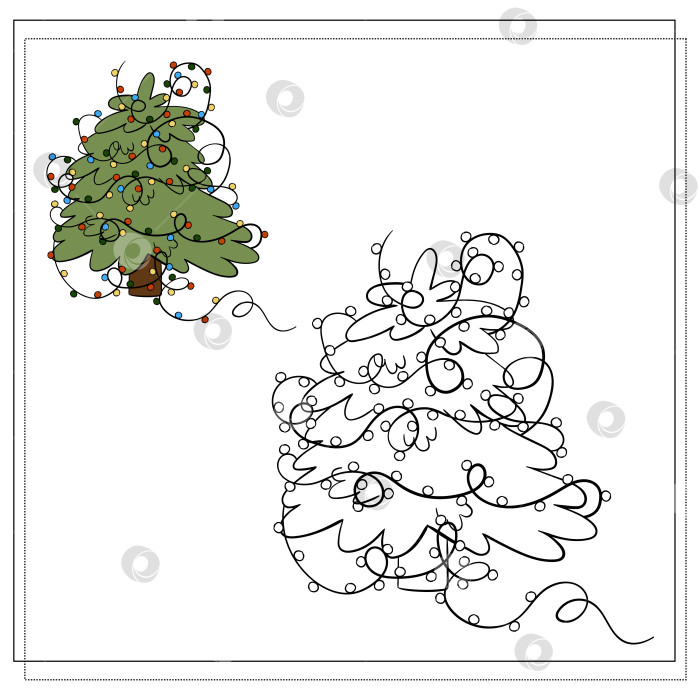Скачать Книжка-раскраска для детей. Мультяшная рождественская елка с гирляндами фотосток Ozero
