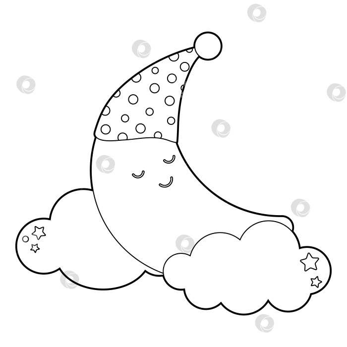 Скачать Книжка-раскраска для детей. Нарисуйте симпатичную мультяшную луну, спящую в спальном колпаке на фоне облаков. Вектор фотосток Ozero