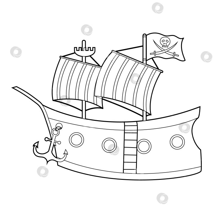 Скачать Книжка-раскраска для детей, пиратский корабль. Вектор, выделенный на белом фоне фотосток Ozero