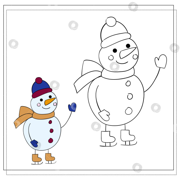 Скачать Книжка-раскраска для детей. Нарисуйте симпатичного мультяшного снеговика на основе рисунка. Векторная иллюстрация фотосток Ozero