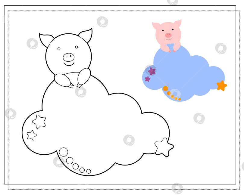 Скачать Книжка-раскраска для детей. Нарисуйте милую мультяшную свинью, спящую в облаках, на основе рисунка. Вектор фотосток Ozero