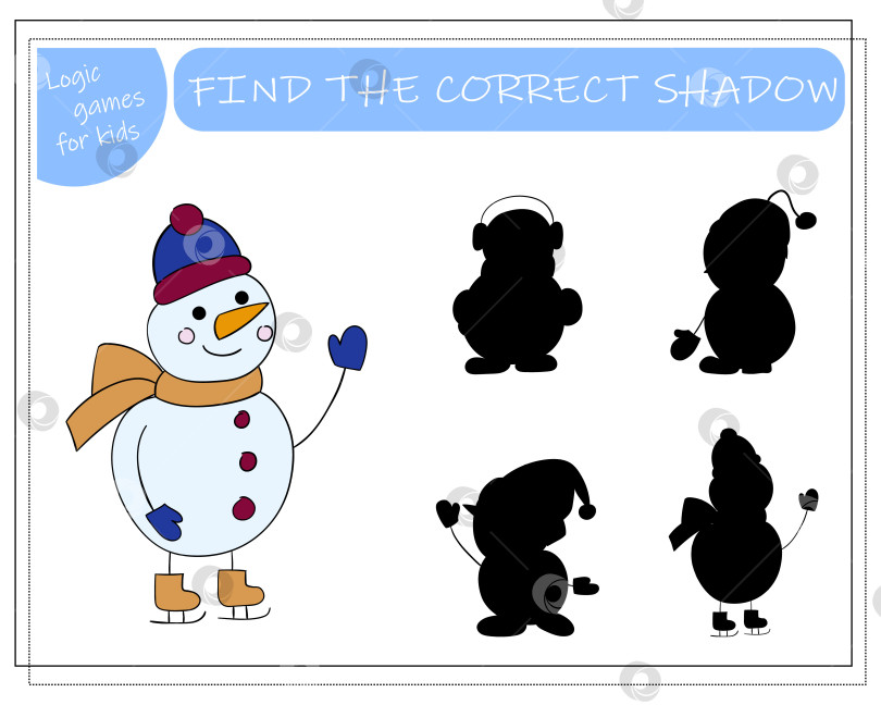 Скачать Логическая игра для детей "Найди правильную тень, снеговик". векторная иллюстрация фотосток Ozero