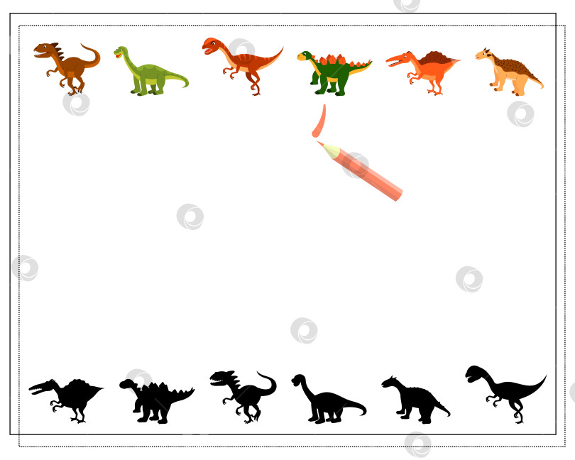 Скачать Детская логическая игра найди нужную тень, милый мультяшный динозавр. Вектор фотосток Ozero