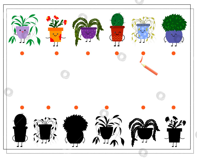Скачать Детская логическая игра "найди нужную тень" - милый мультяшный цветок в кавайном горшке. фотосток Ozero