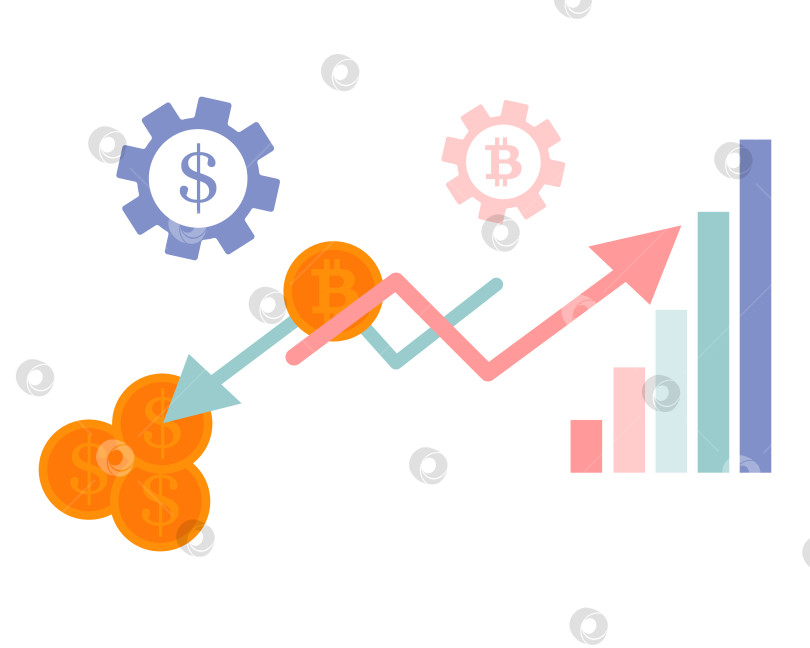 Скачать стрелки роста и падения на графике, столбы на графике и монеты. Концепция финансового кризиса. фотосток Ozero
