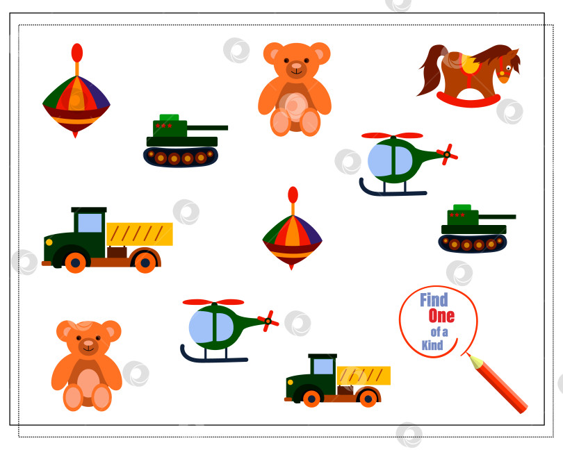 Скачать Детская логическая игра "найди единственную в своем роде". детские игрушки, машинки, мячи, медведи, самолет, вертолет. вектор фотосток Ozero