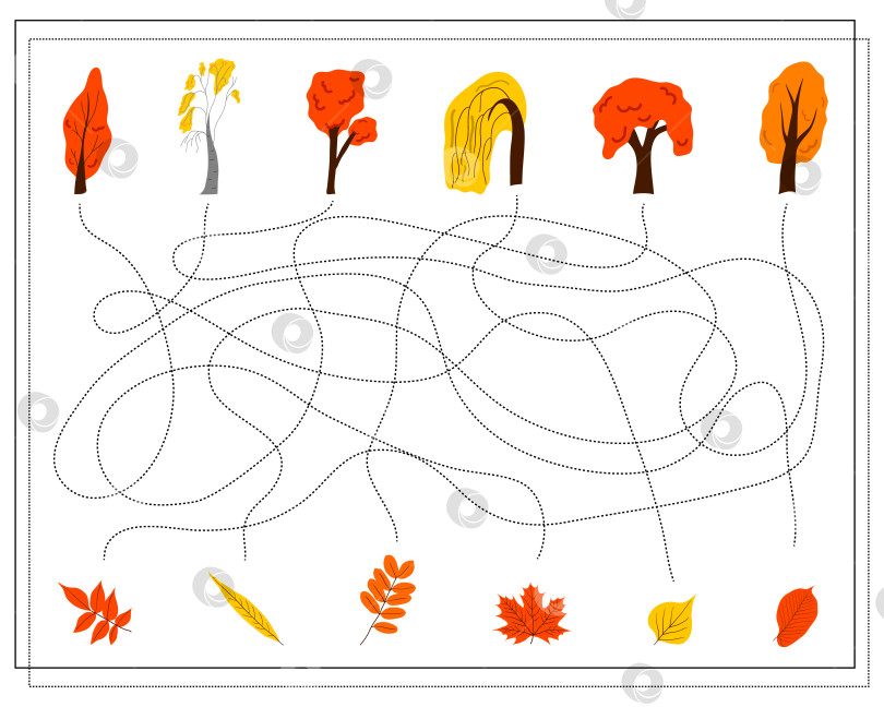 Скачать Игра-головоломка для детей, лабиринт. Проведите по пунктирной линии и соедините деревья с листьями фотосток Ozero