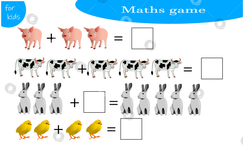 Скачать Математическая игра для детей, в которой они будут считать животных. Свинья, корова, заяц, курица. фотосток Ozero