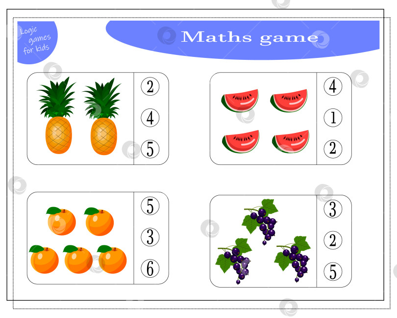 Скачать математическая игра для детей, посчитайте, сколько предметов, фруктов - ананаса, арбуза, черной смородины, персика. вектор, изолированный на белом фоне фотосток Ozero