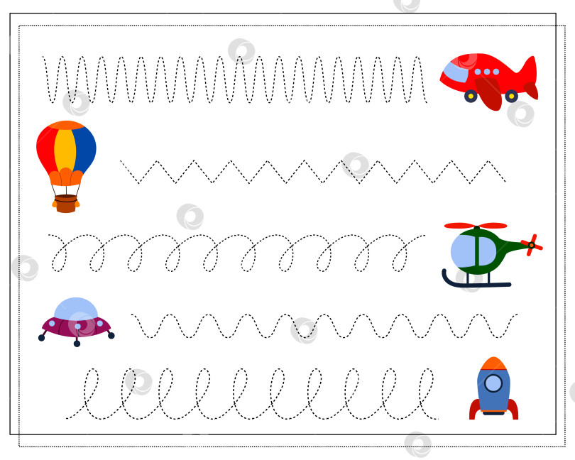 Скачать Игра для детей на отработку рукописного ввода, проведите пальцем по точкам. Игрушечные машинки, самолет, вертолет. Вектор фотосток Ozero
