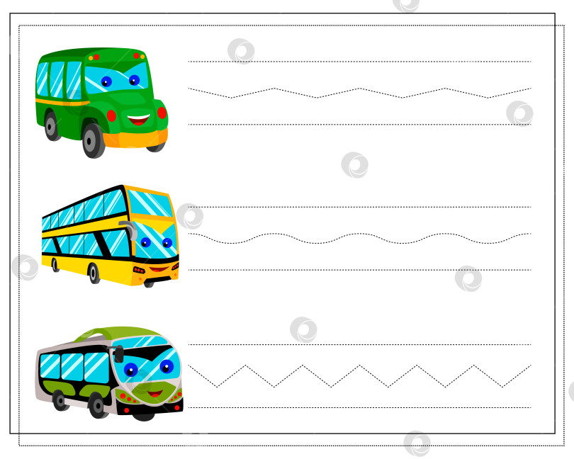 Скачать Лист для отработки рукописного ввода. восстановите пунктирную линию, нарисуйте мультяшный автобус с глазами и улыбкой зеленого и желтого цветов. фотосток Ozero