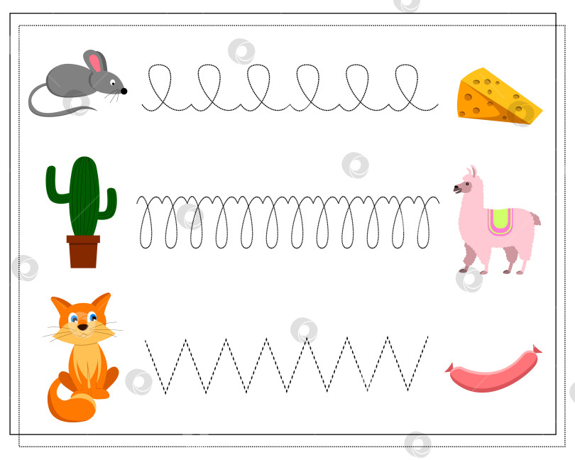 Скачать Потренируйтесь в почерке, нарисуйте линию. Мультяшные животные мышь, кошка-лама. вектор продуктов животного происхождения, изолированный на белом фоне фотосток Ozero