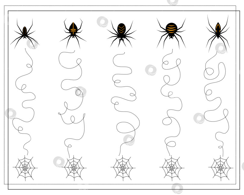 Скачать игра для обучения почерку для детей, от точки к точке, пауки спускаются в паутину, Хэллоуин. вектор фотосток Ozero