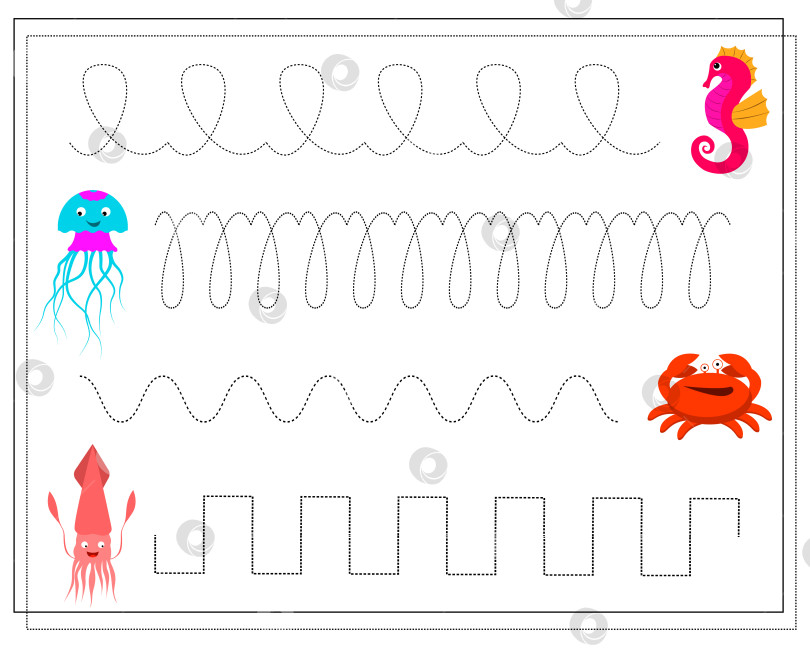 Скачать Лист для отработки рукописного ввода. Развивающая игра для детей "восстанови пунктирную линию". морские животные: крабы, медузы, кальмары, морские коньки фотосток Ozero