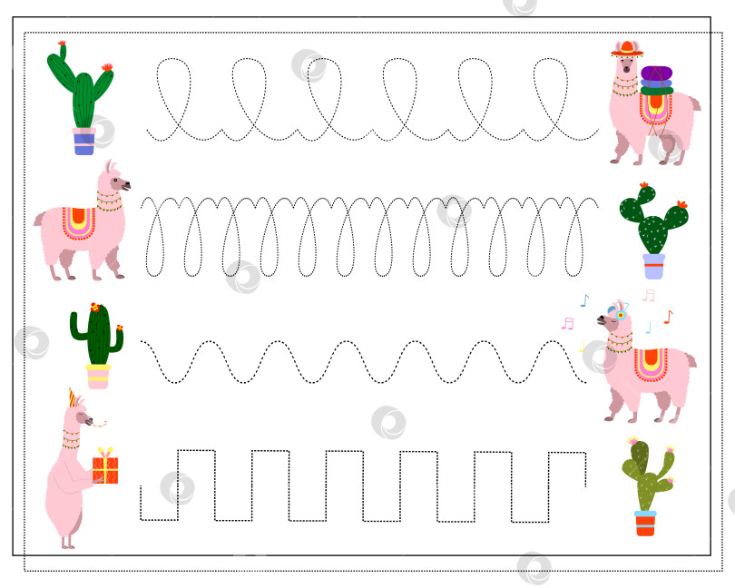 Скачать Игра для детей, для тренировки письма. Лама и кактусы. Вектор, выделенный на белом фоне. фотосток Ozero