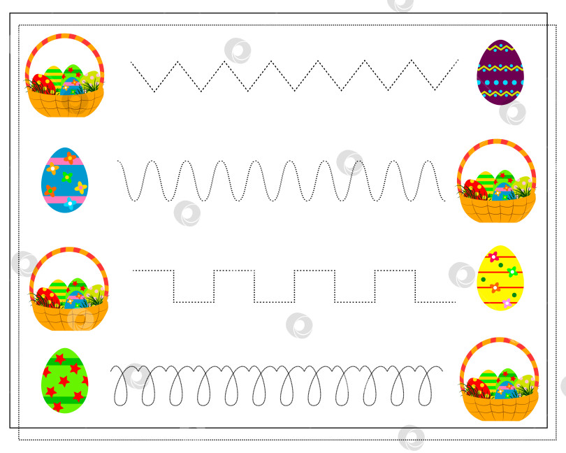 Скачать Потренируйтесь писать от руки, обведите линию. Пасхальные яйца, пасхальная корзина. фотосток Ozero