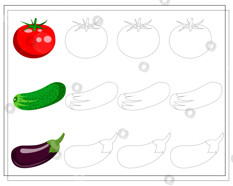 Скачать игра для детей наброски, тренировка почерка, овощей помидор, огурец, баклажан. вектор фотосток Ozero