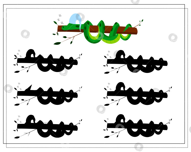 Скачать Логическая игра для детей "найди нужную тень". милая мультяшная змея, спящая на дереве, вектор фотосток Ozero