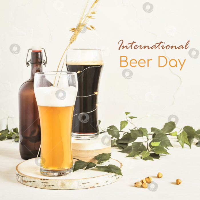 Скачать Два бокала холодного светлого и темного нефильтрованного пива, бутылка, фисташки и листья на белом фоне фотосток Ozero