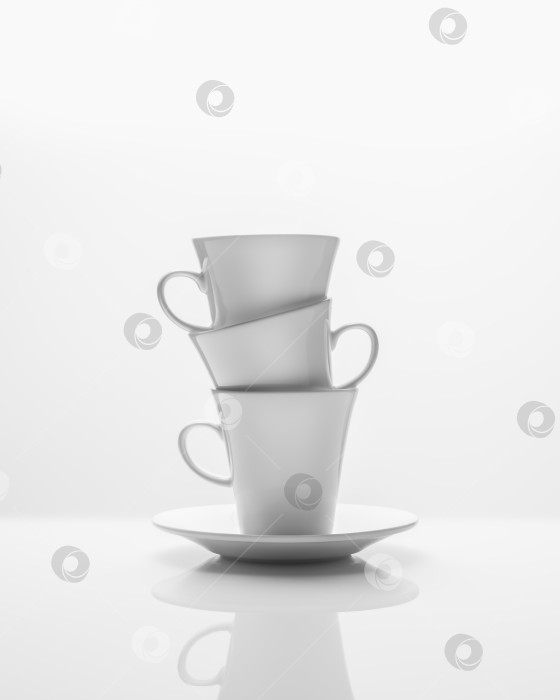 Скачать Натюрморт с тремя белыми кофейными чашками на блюдце на белом фоне с отражением фотосток Ozero