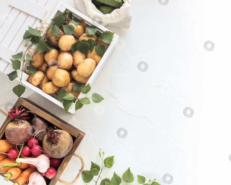Скачать Деревянные ящики, полные свежих органических овощей с местного рынка, расставлены на белом столе фотосток Ozero